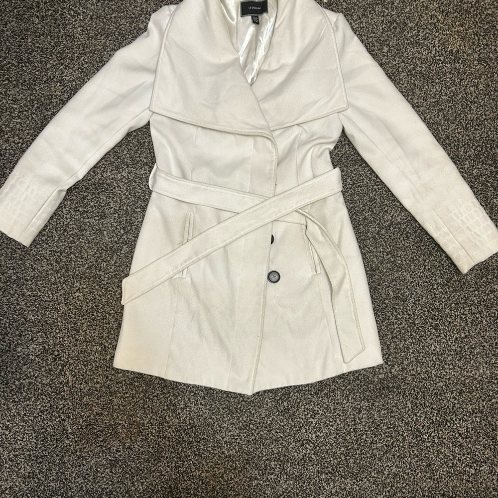 White Trench Coat with Shawl Collar and Belted Waist